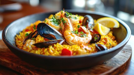 Vibrant Seafood Paella with Shrimp, Mussels, and Fresh Ingredients