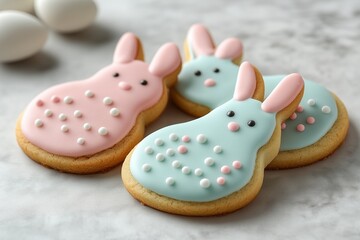 Obraz premium Colorful bunny-shaped cookies with pastel icing and sprinkles on a marble background.