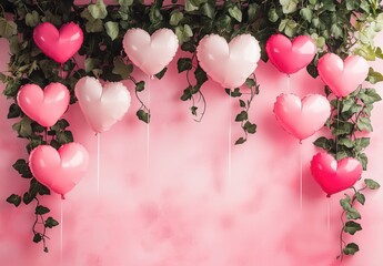 A pink wall with heart-shaped balloons and ivy vines serves as a backdrop for a Valentine's Day...