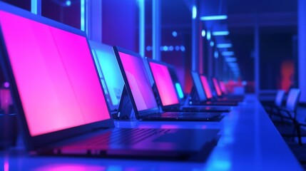 Modern workspace with glowing laptops during evening hours