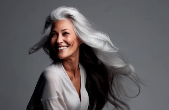 happy 60 year old woman with white hair blowing in the wind, hair salon