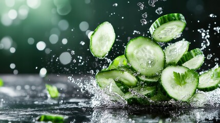 Bright green cucumber slices dynamically scatter water droplets, creating a vivid splash that captures the essence of freshness, vitality, and natural goodness.