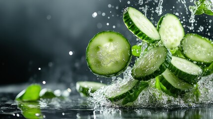 Slices of fresh cucumber splash and scatter water droplets in dynamic frozen motion, creating a vivid representation of refreshment, vitality, and natural beauty.