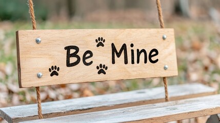 A rustic wooden sign reads "Be Mine" adorned with paw prints, set against a blurred natural background, evoking warmth and affection for pets.