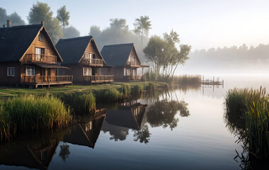 Obraz premium Ethereal Fog in Village with Magical Backdrop of Trees and Serene Landscapes Scenes Background Image