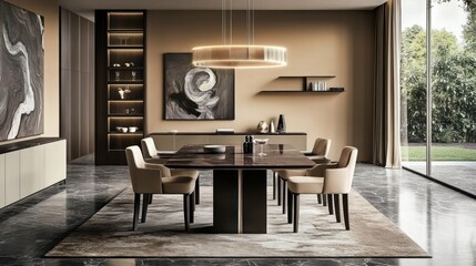 Modern dining room with large table, chairs, and artwork.