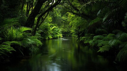 Lush green rainforest river flowing through dense foliage.
