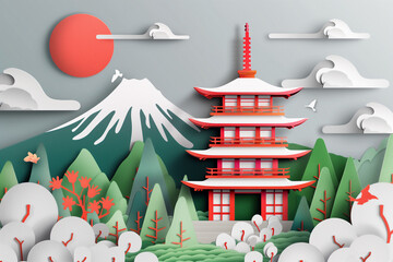 travel japan landmark paper cut style concept2