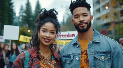A Black couple stands hand in hand at a crowded street protest, facing banners and signs in a city setting, symbolizing unity, activism, and partnership.