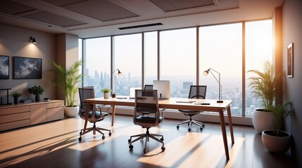 Fototapeta premium Spacious modern office with city skyline view and warm sunlight in the late afternoon