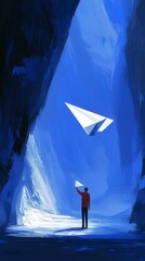 Paper Plane Journey in Blue Cavern Landscape