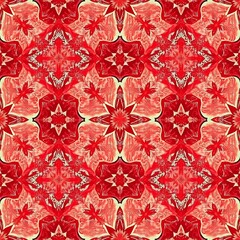 Fototapeta premium Crimson Kaleidoscope: Intricate red and cream floral pattern. A seamless design perfect for textiles, wallpapers, and surface design. Rich, vibrant, and visually captivating. 