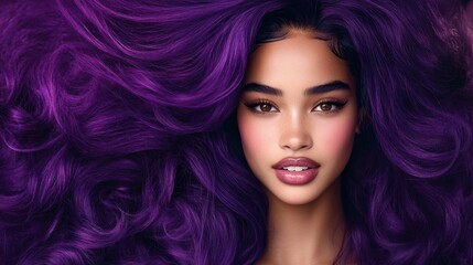 Fototapeta premium A stunning portrait of a woman with voluminous purple hair surrounding her face, complemented by glowing skin and soft makeup, symbolizing beauty and creativity.