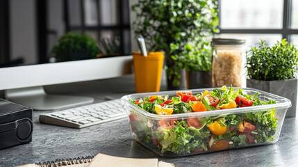 Healthy lunch box with fresh salad on modern office desk