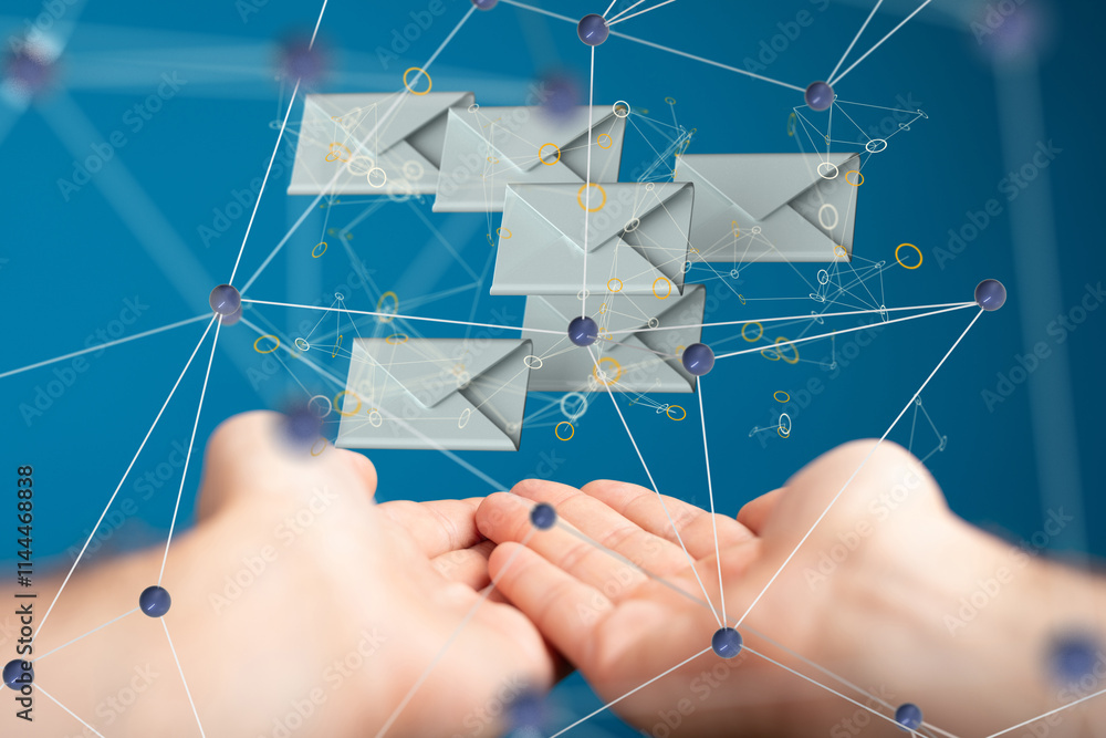 Poster touching 3d rendering flying email icon with his fin