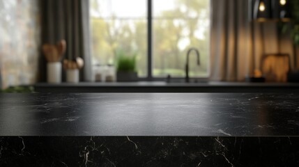 Fototapeta premium Elegant Black Marble Countertop with Bright Natural Light Background