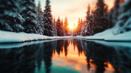 Sunrise over a snow-blanketed landscape with majestic trees mirrored in a tranquil river, casting a warming glow that contrasts with the crisp winter atmosphere.