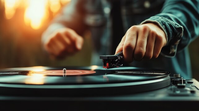 A close-up of a person's hand gently placing a stylus onto a spinning vinyl record, capturing the timeless essence of music and nostalgia during a sunset glow.