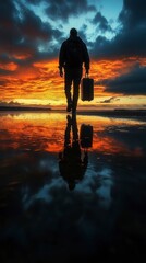Silhouette of a Traveler at Sunset with Reflection