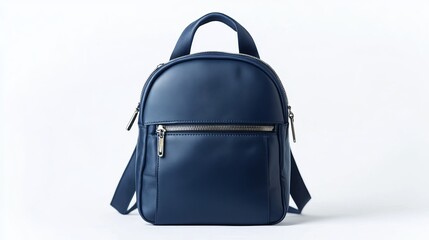Fototapeta premium Backpack Purse: A compact navy blue backpack purse with a zipper closure and adjustable straps, isolated on a white background. 