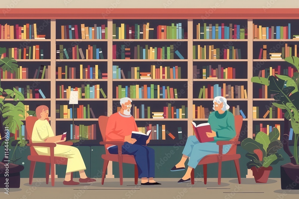 Poster elderly people engaged in reading and studying in a cozy library environment. generative ai