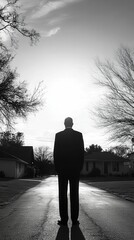 Silhouetted Man at Dawn on Quiet Street