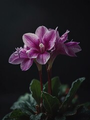 Macro Photo of Velvet Cyclamen Flower in Deep Purple and White-Orange with Black Background &ndash; Natural Simplicity and Elegance, Generated by AI