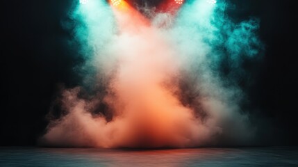 This captivating image displays a smoky stage with red and teal spotlights crafting a vibrant, dramatic scene ideal for theatrical or musical performances.