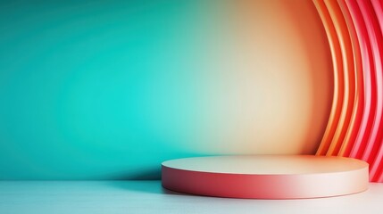An elegant round podium set against a gradient rainbow background, showcasing a blend of colors and modern design, enhancing vibrant creativity and innovation.