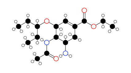oseltamivir molecule, structural chemical formula, ball-and-stick model, isolated image antiviral