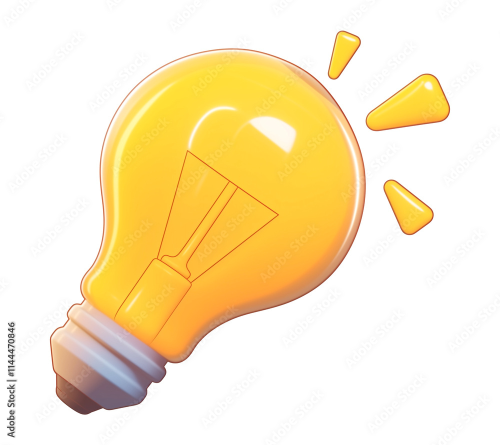Poster glowing yellow light bulb icon with flat 3d cartoon design, featuring bright and cheerful appearance