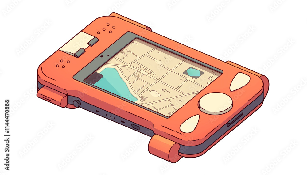 Aufkleber 3d cartoon flat design gps device icon with map interface, featuring vibrant orange casing, buttons,