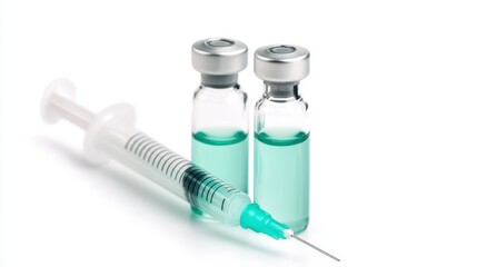 A syringe next to two vials containing a turquoise liquid, suggesting a medical or vaccine-related context.