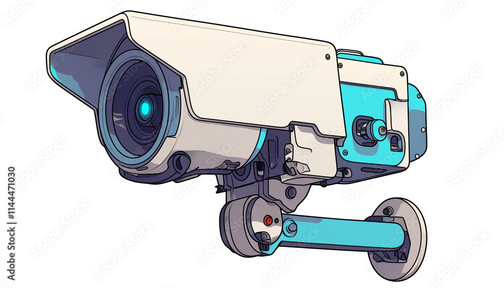 Poster 3d cartoon flat design security camera icon with modern and futuristic style, featuring white and bl