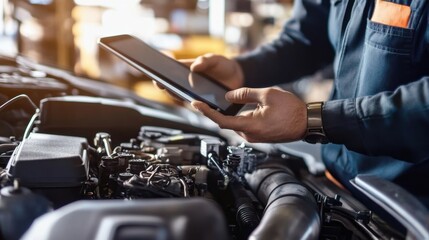 Automotive Technician Using Tablet to Diagnose Engine Mechanics
