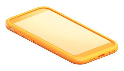 3D illustration of smartphone with bright orange case, isolated on transparency background, showcasing flat and modern cartoon design style