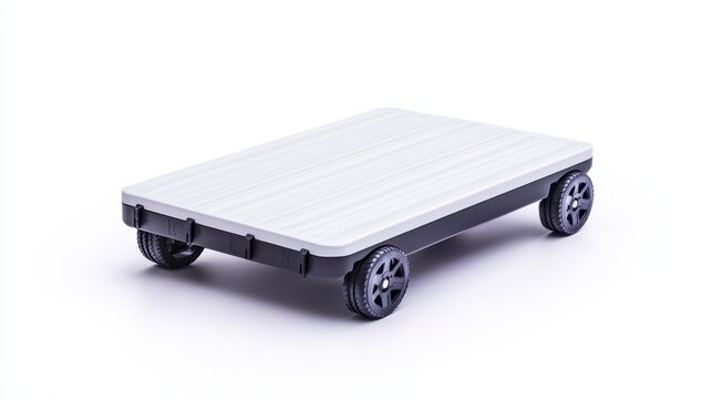 A compact, wheeled platform designed for transporting items, featuring a flat surface and sturdy construction for ease of use.