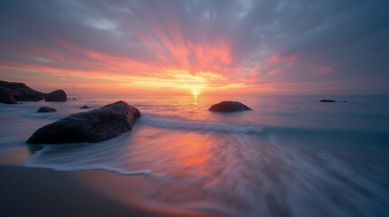 Mystical Flow: Waterfalls Illuminated by the Setting Sun. Cascading Waterfalls Reflecting the Radiance of the Setting Sun.