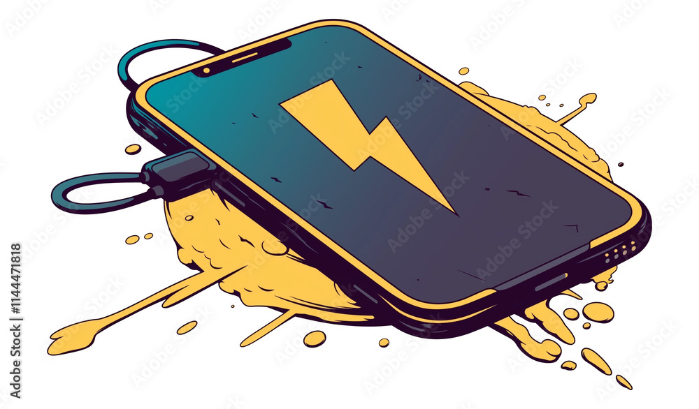 Poster vibrant illustration of smartphone with lightning bolt icon on screen, symbolizing wireless charging