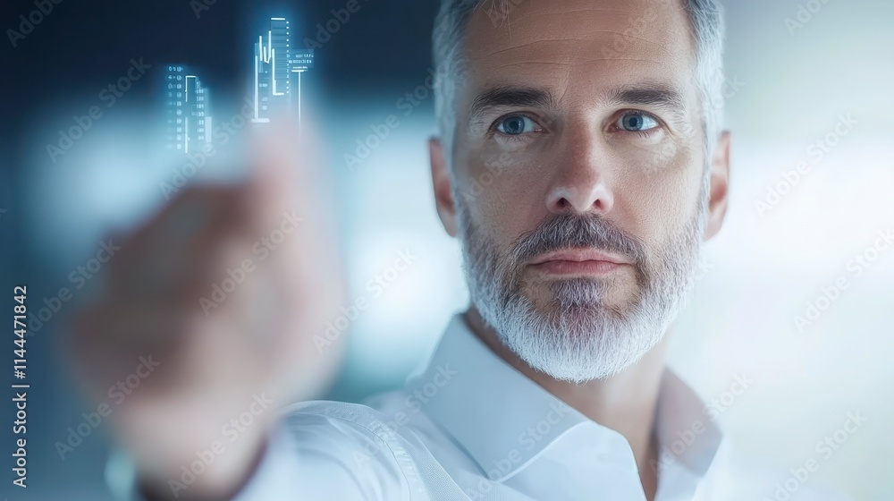 Poster a focused man gestures towards virtual data graphs, illustrating concepts of technology and analytic