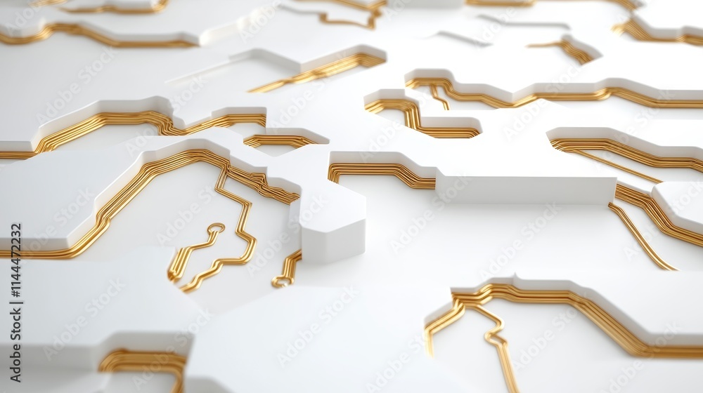 Poster a close-up view of a circuit-like design featuring white and gold elements, showcasing intricate pat