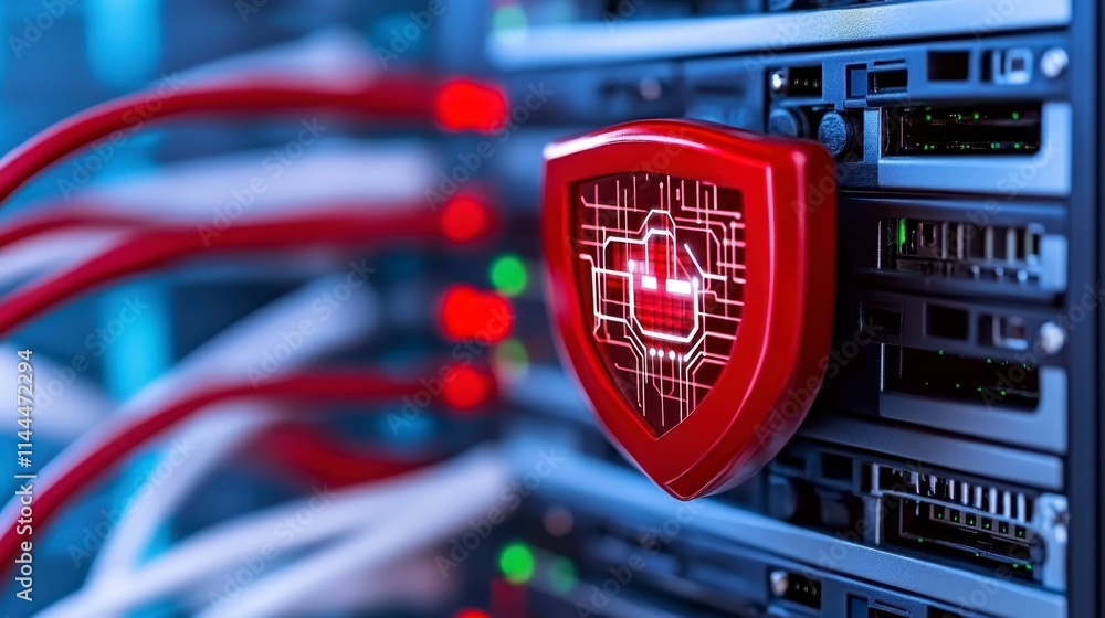 Poster a red shield with a digital design represents cybersecurity, positioned among network servers with c
