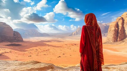 People figure wearing a traditional arabic dress in the desert. Ramadan concept