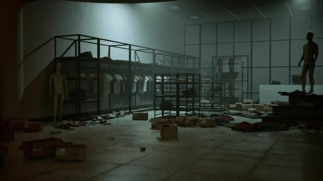 The once orderly store is left in chaos, with clothes scattered and boxes overturned after a late night robbery by thieves, leaving a grim reminder of the crime.