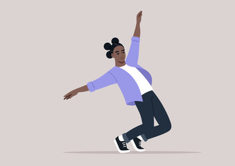 A young African woman is dancing energetically, her body positioned in a graceful lean, She wears casual clothes and sports shoes, radiating happiness and enthusiasm