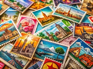 Fototapeta premium Vintage Stamps: Travel, Scrapbooking & Art Supplies - Colorful Philatelic Collection