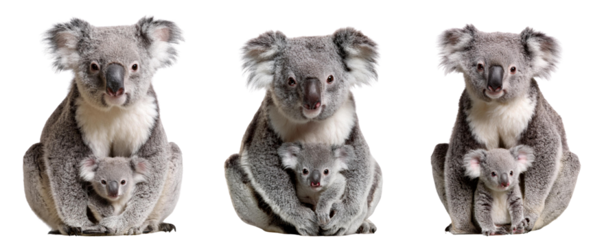 A series of adorable koalas displaying maternal instincts and family bonds.