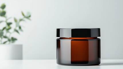 Blank brown jar with a black lid sits on a simple white studio surface with a green plant in the background. Brown cosmetics glass bottle mockup for packaging design.