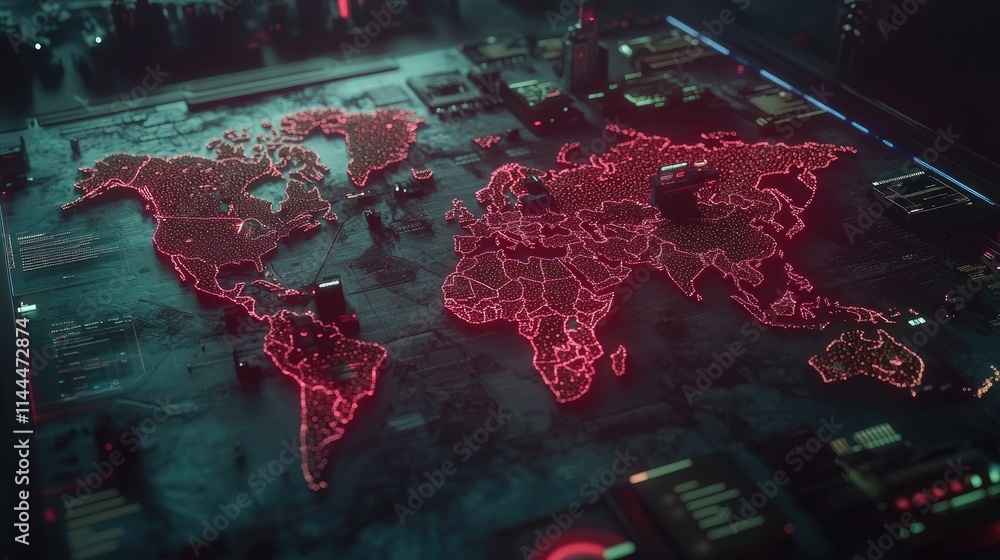 Poster abstract background featuring a light blue digital world map with glowing network nodes, representin