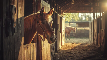 Beautiful horse in a rustic barn during sunset on a ranch